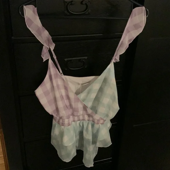 Blue and Purple Gingham Ruffled Peplum Top - Picture 2 of 3